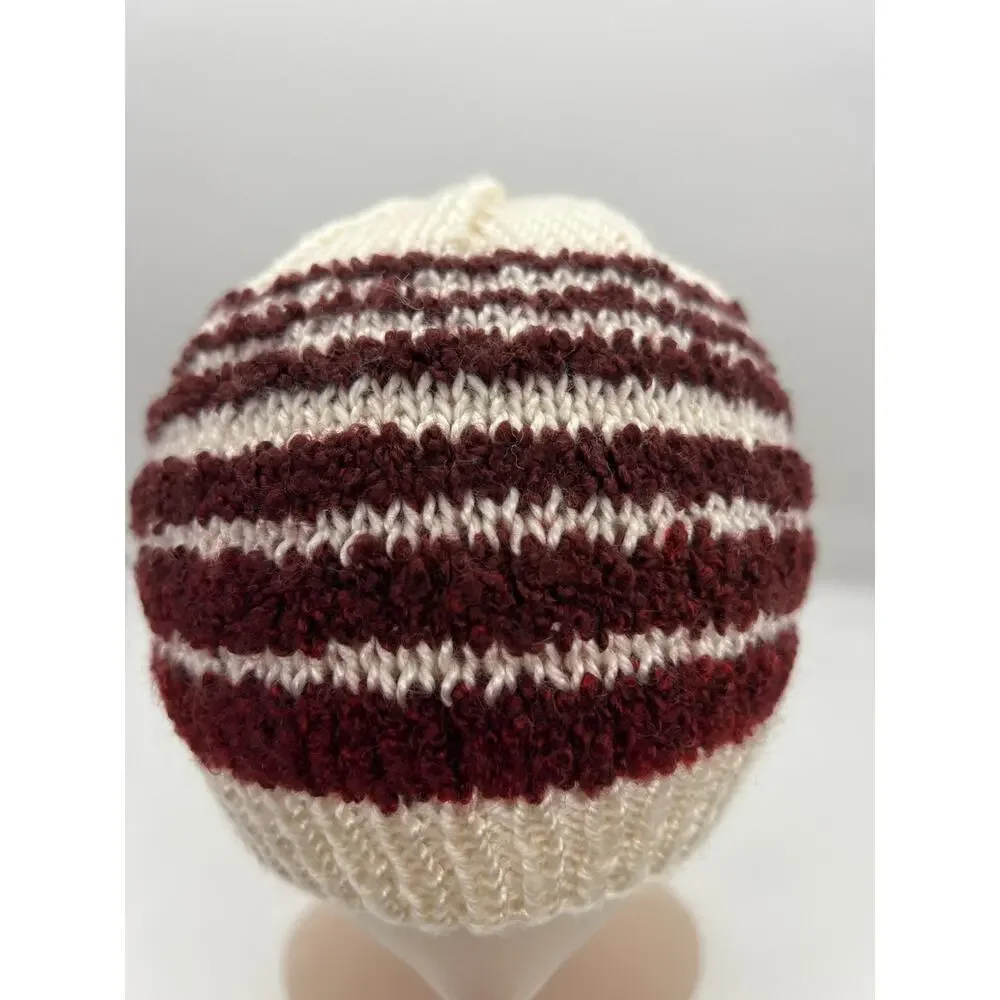 Knit Woven Wide Cream Burgundy Red Stripe Beanie‎ Knit Hat Boho XS